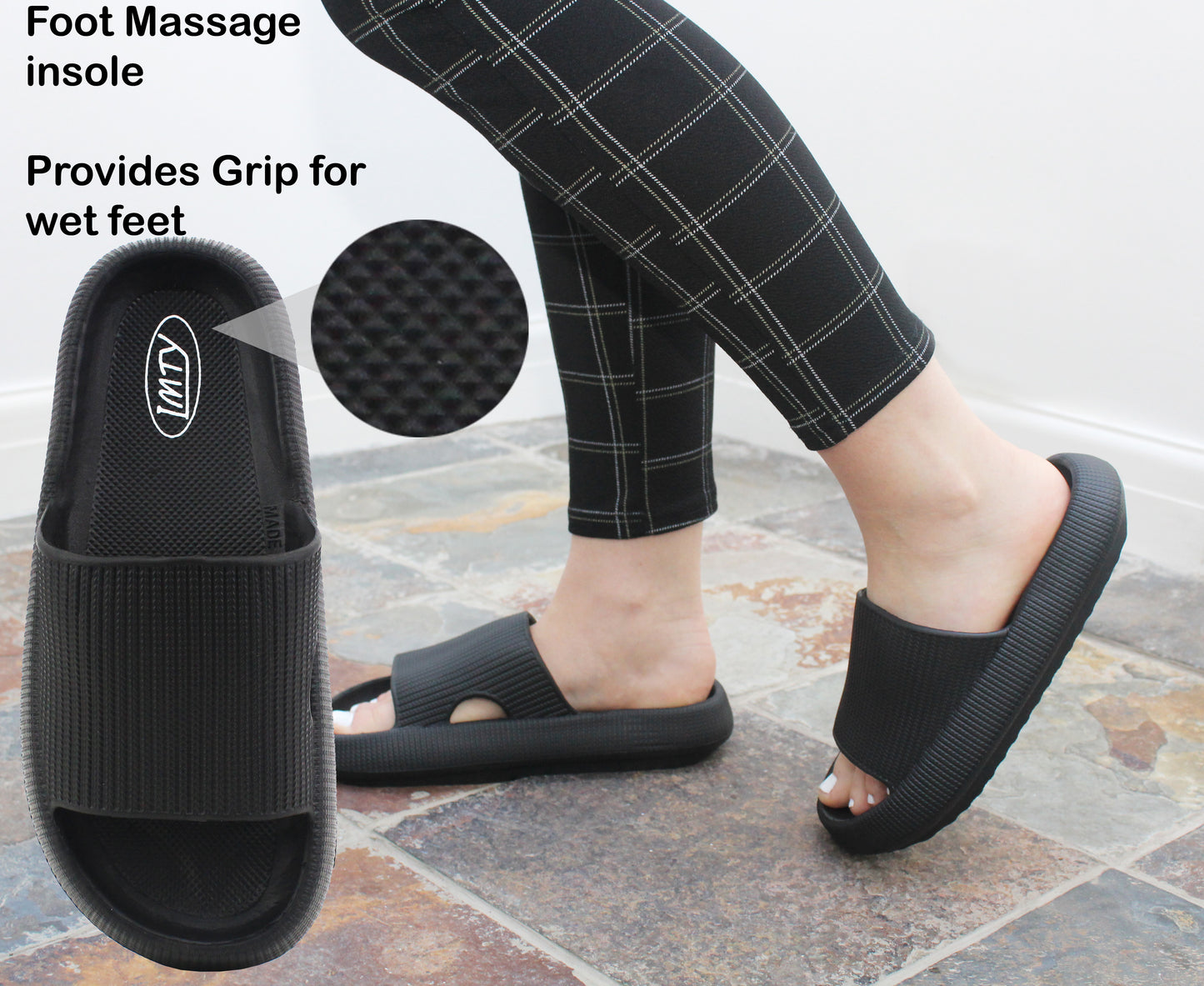 Womens Ladies Fashion Slides Black Lightweight Slip On Platform Sole Anti-Slip Summer Pool Sliders Beach Sandals Massage Insole Shower Spa Bathroom Indoor Slipper Flip Flops