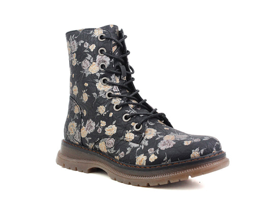Womens Metallic Floral Black Combat Boots Ladies High Top Lace Up Side Zip Military Style Boots