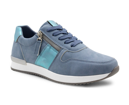 Womens Lace Up Trainers with Side Zip Fastening Ladies Fashion Sneaker Blue Metallic Casual Sports Shoes