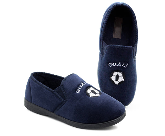 Boys Football Slippers Goal Slip On Novelty Youth Kids Elastic House Shoes Navy