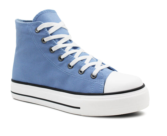 Womens High Top Canvas Trainers Sky Blue Lace Up Platform Baseball Sneakers Ladies Chunky Sole Flat Fashion Hi-Top Pumps