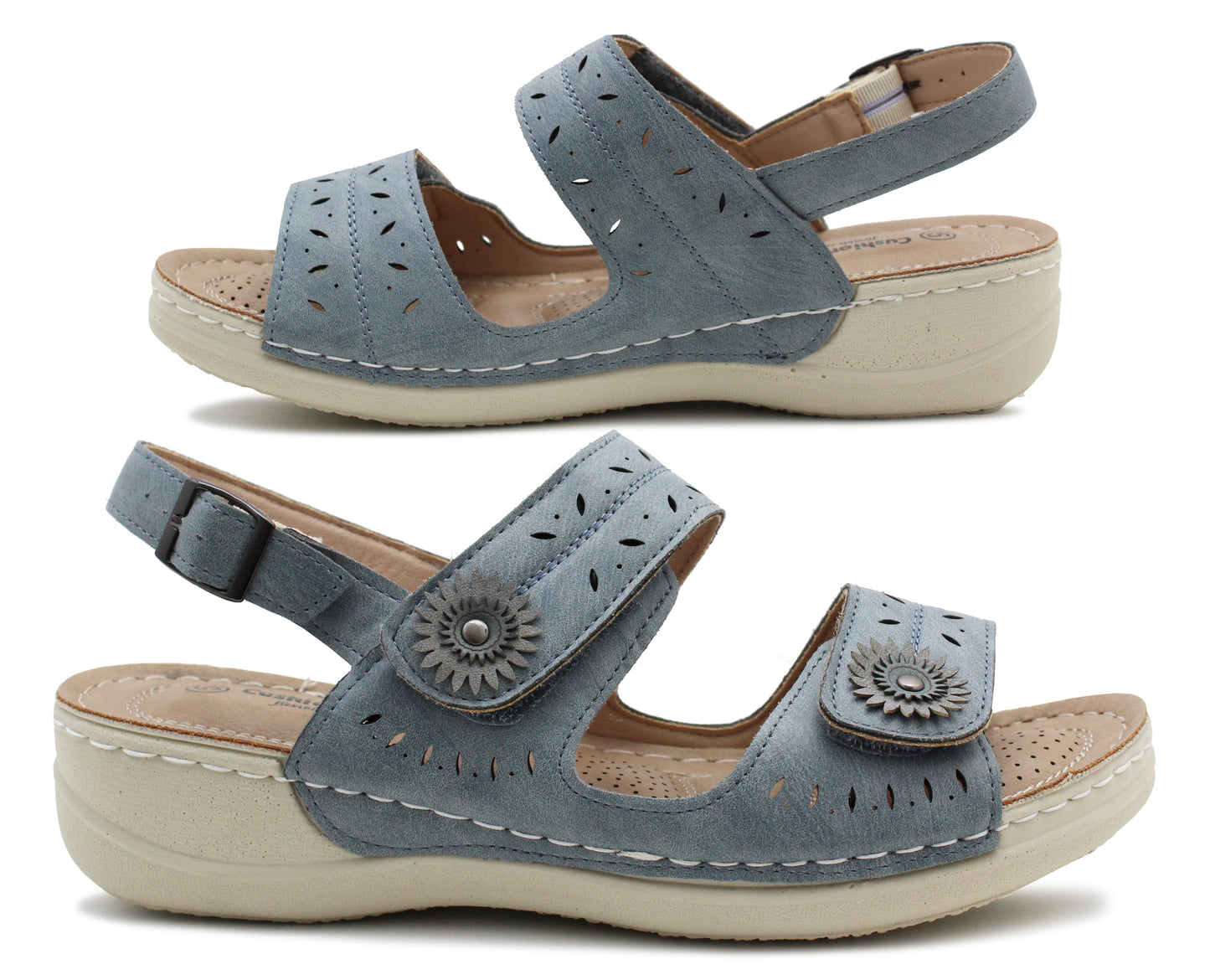 Womens Slingback Sandals Touch Fasten Strap Low Wedge Heel Ladies Fashion Summer Beach Slingbacks Blue