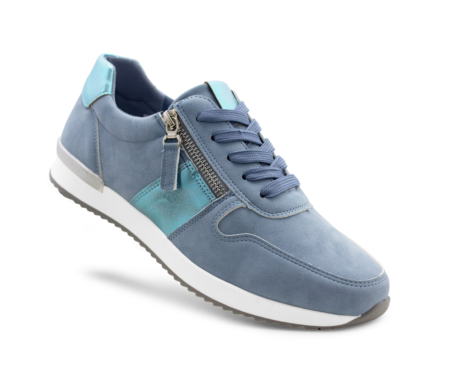 Womens Lace Up Trainers with Side Zip Fastening Ladies Fashion Sneaker Blue Metallic Casual Sports Shoes