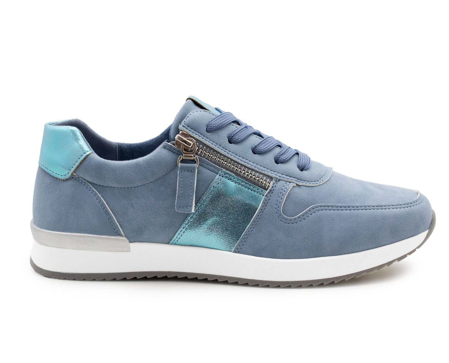 Womens Lace Up Trainers with Side Zip Fastening Ladies Fashion Sneaker Blue Metallic Casual Sports Shoes