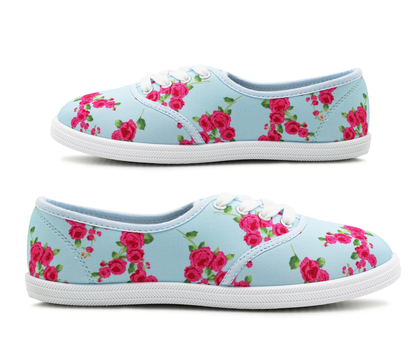 Womens Blue Floral Canvas Lace Up Plimsolls Flat Pumps Casual Loafer Trainers