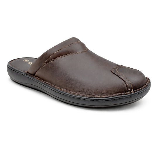 Mens Brown Leather Backless Slippers Gents Slip On Fashion Clogs Indoor House Shoes