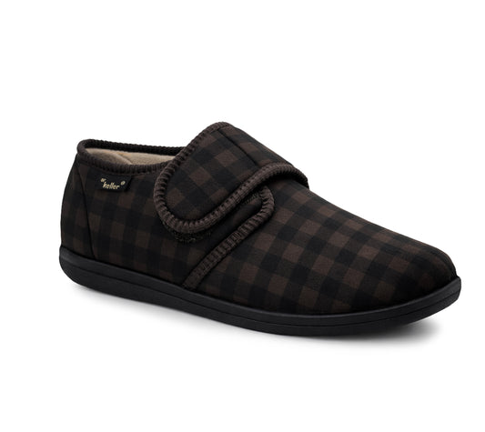 Mens Slippers Check Faux Fur Lined Thermal Wide Open Touch Fasten Straps House Shoes Brown