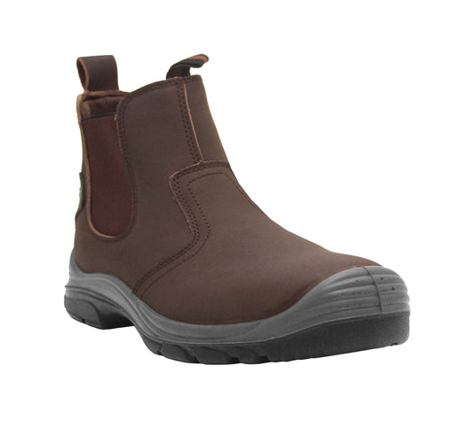 Mens Lightweight Brown Leather Safety Steel Toe Slip On Twin Gusset Work Dealer Boots Shoes