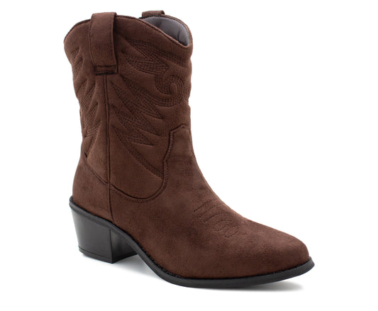 Womens Cowboy Boots Mid Calf Western Brown Faux Suede Leather Embroidered Cowgirl Boot Pull On Block Heel Pointed Toe Boots