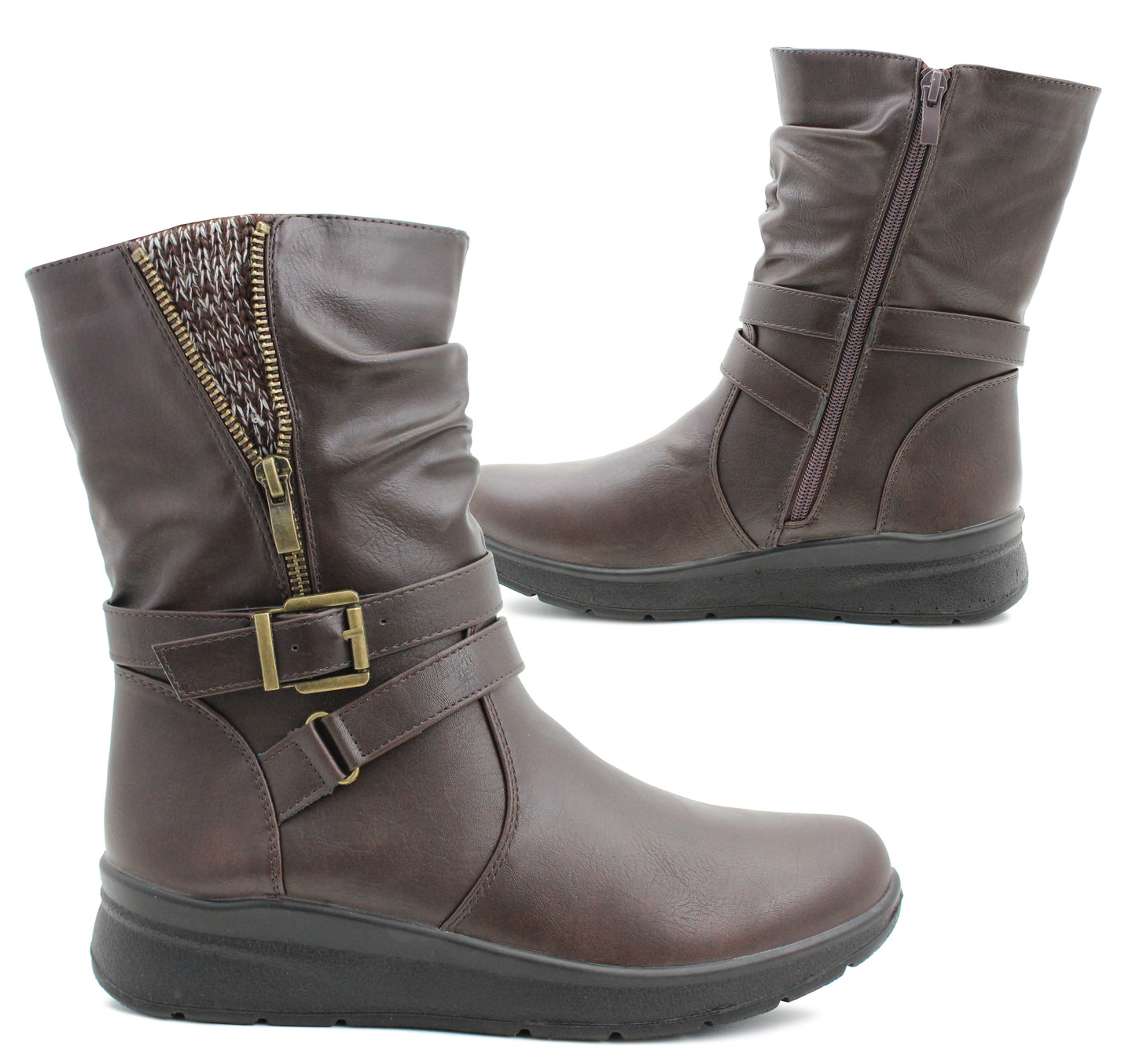 Womens Mid Calf Biker Boots Brown Warm Fleece Lined Winter Zip Up Casual Combat Boots