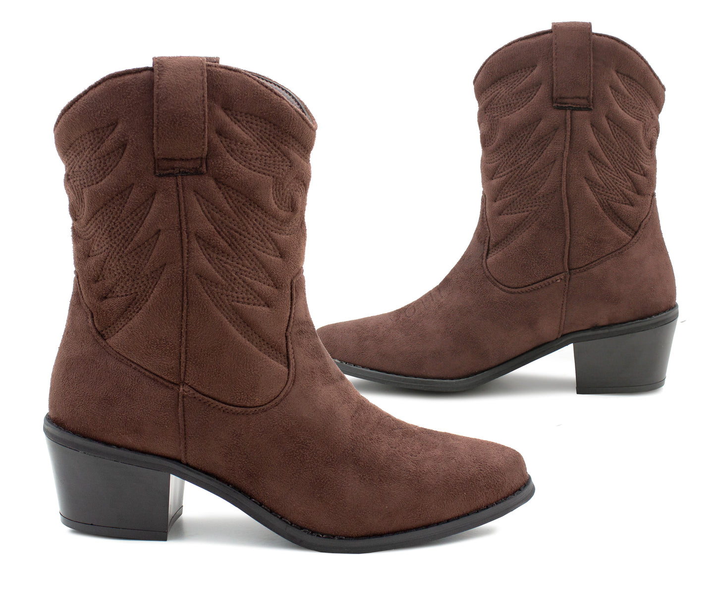 Womens Cowboy Boots Mid Calf Western Brown Faux Suede Leather Embroidered Cowgirl Boot Pull On Block Heel Pointed Toe Boots