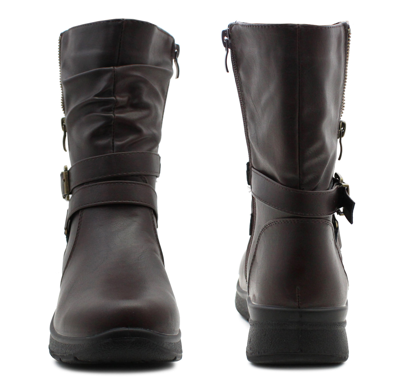 Womens Mid Calf Biker Boots Brown Warm Fleece Lined Winter Zip Up Casual Combat Boots