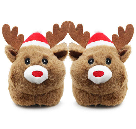 Kids Reindeer Christmas Slippers Unisex Festive Winter Warm Xmas Slip On Fluffy Animal Faux Fur Slippers