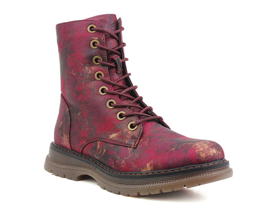Womens Metallic Burgundy Bronze Combat Boots Ladies High Top Lace Up Side Zip Military Style Boots