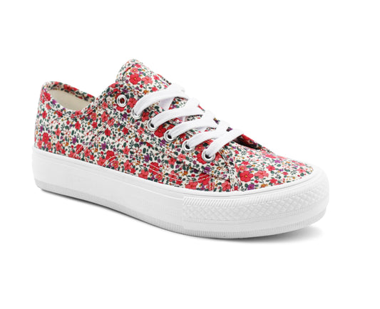 Womens Floral Canvas Platform Trainers Beige Floral Lace Up Chunky Sole Low Top Fashion Sneakers Ladies Casual Flat Trainer Pumps (Copy)
