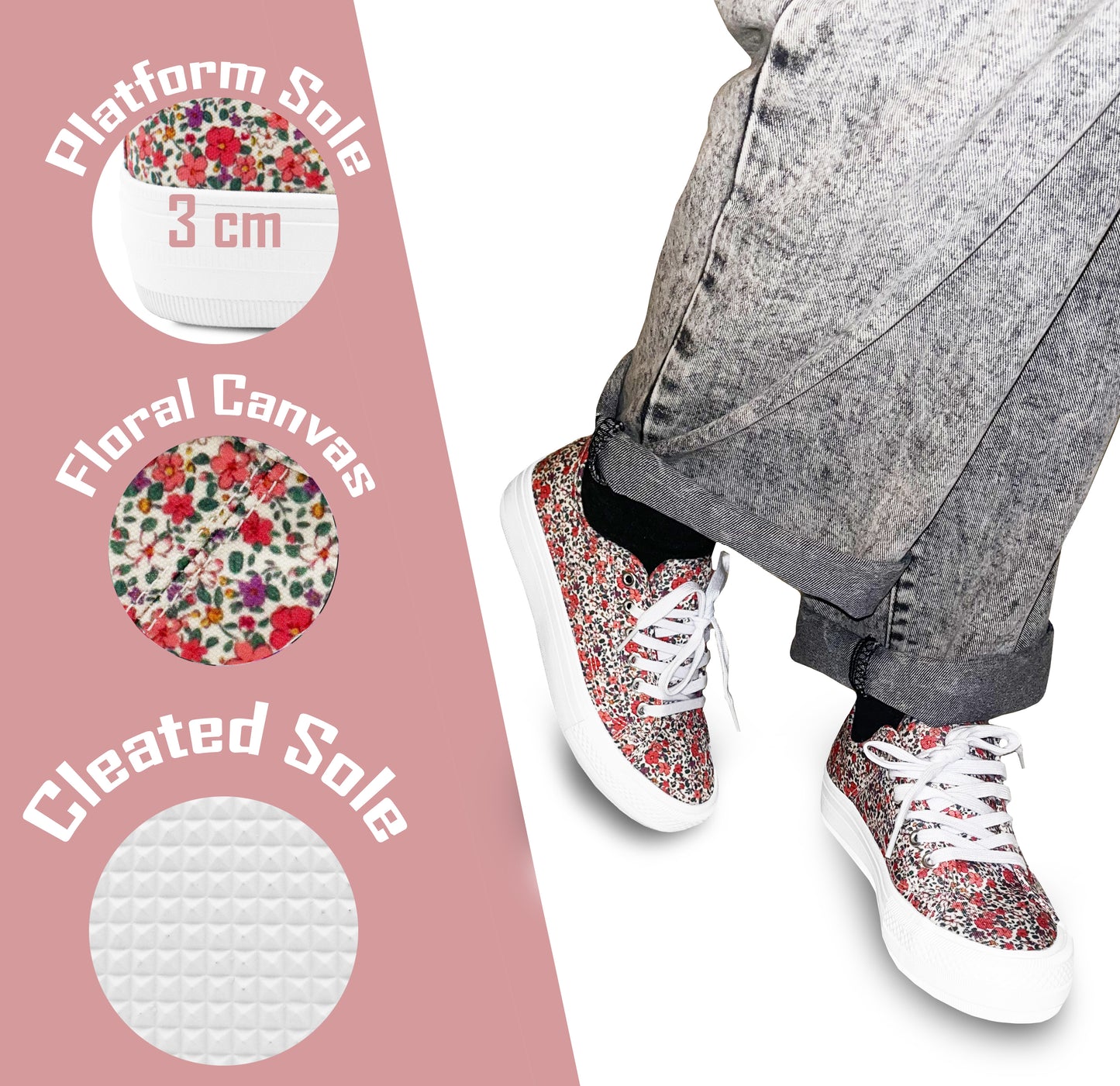 Womens Floral Canvas Platform Trainers Beige Floral Lace Up Chunky Sole Low Top Fashion Sneakers Ladies Casual Flat Trainer Pumps (Copy)