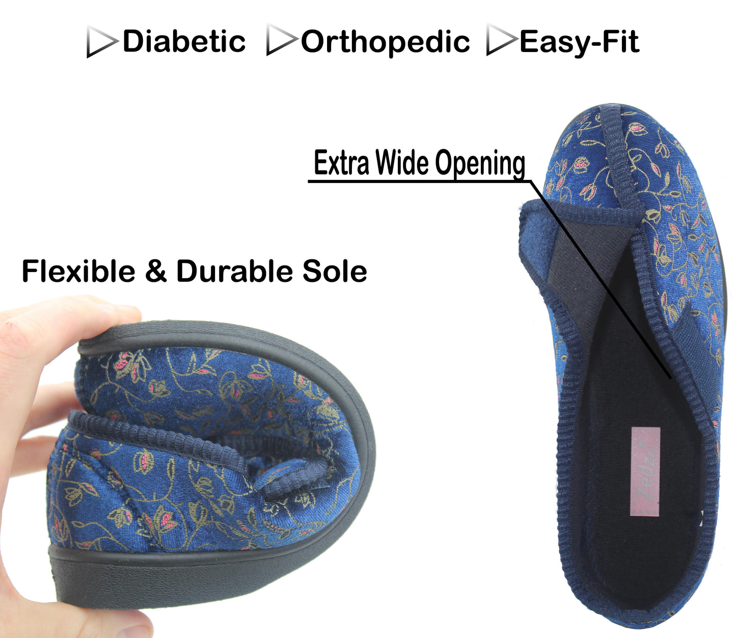 Womens Ladies Diabetic Orthopedic Washable Navy Floral Velour Comfort Wide Opening Touch Fasten Slippers