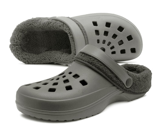Mens Clogs Warm Fur Lined Thermal Garden Grey Clogs Slip On Lightweight EVA Slippers Indoor House Shoes Shower Sandals