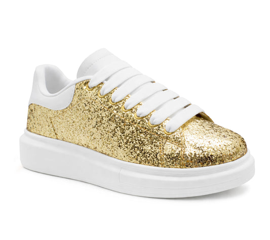 Womens Platform Trainers Ladies Lace Up Chunky Sole Casual Low Top Fashion Sneakers Gold Glitter
