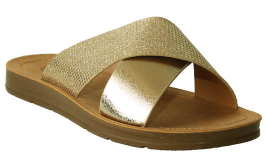 Womens Ladies Slip On Gold Glitter Crisscross Strap Fashion Beach Summer Flip Flop Sandals