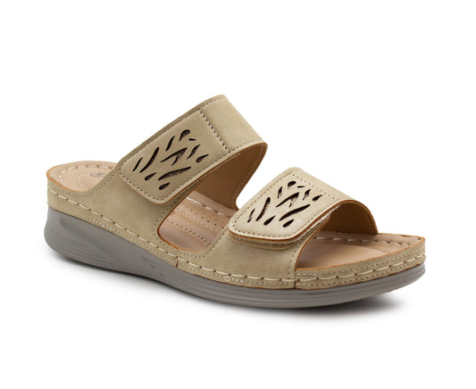 Womens Backless Sandals Touch Fasten Low Wedge Heel Open Toe Metallic Summer Ladies Fashion Sandal Beach Slides Shoes Gold