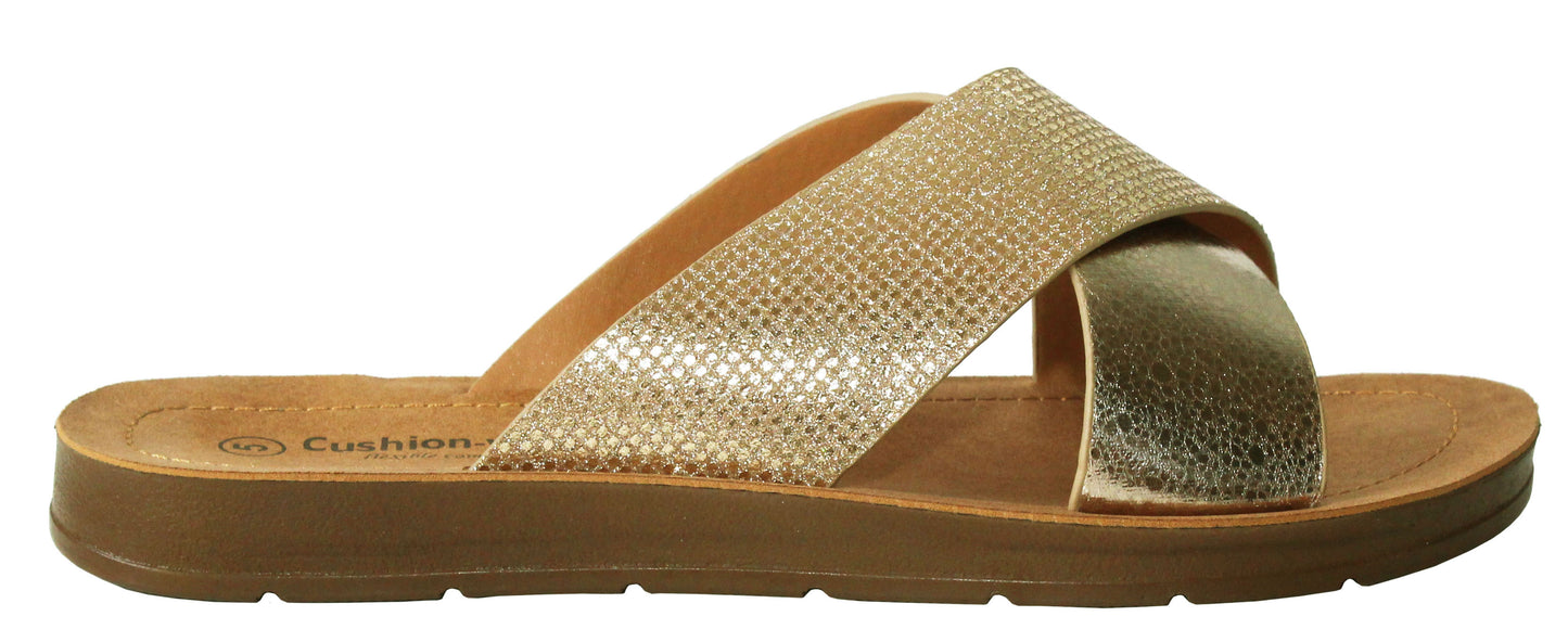 Womens Ladies Slip On Gold Glitter Crisscross Strap Fashion Beach Summer Flip Flop Sandals
