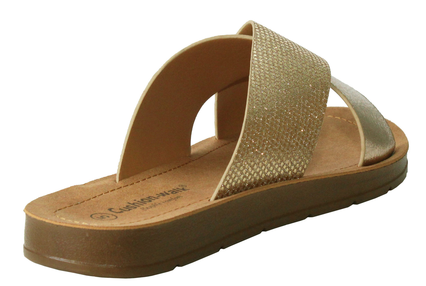 Womens Ladies Slip On Gold Glitter Crisscross Strap Fashion Beach Summer Flip Flop Sandals