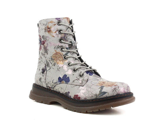 Womens Metallic Floral Grey Combat Boots Ladies High Top Lace Up Side Zip Military Style Boots