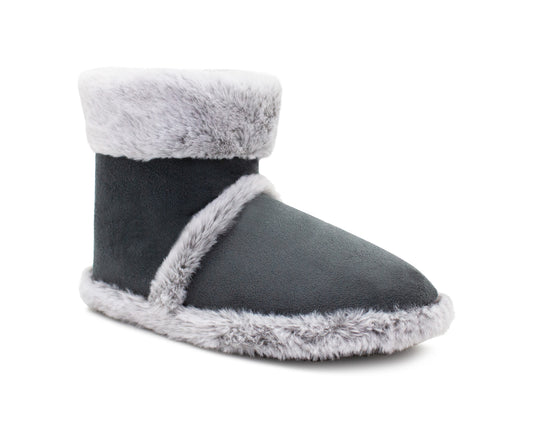 Womens Faux Fur Slipper Boots Warm Lined Ladies Plush Slippers Ankle Booties Lightweight Cosy Winter House Shoes Non-slip Sole Bootees Grey