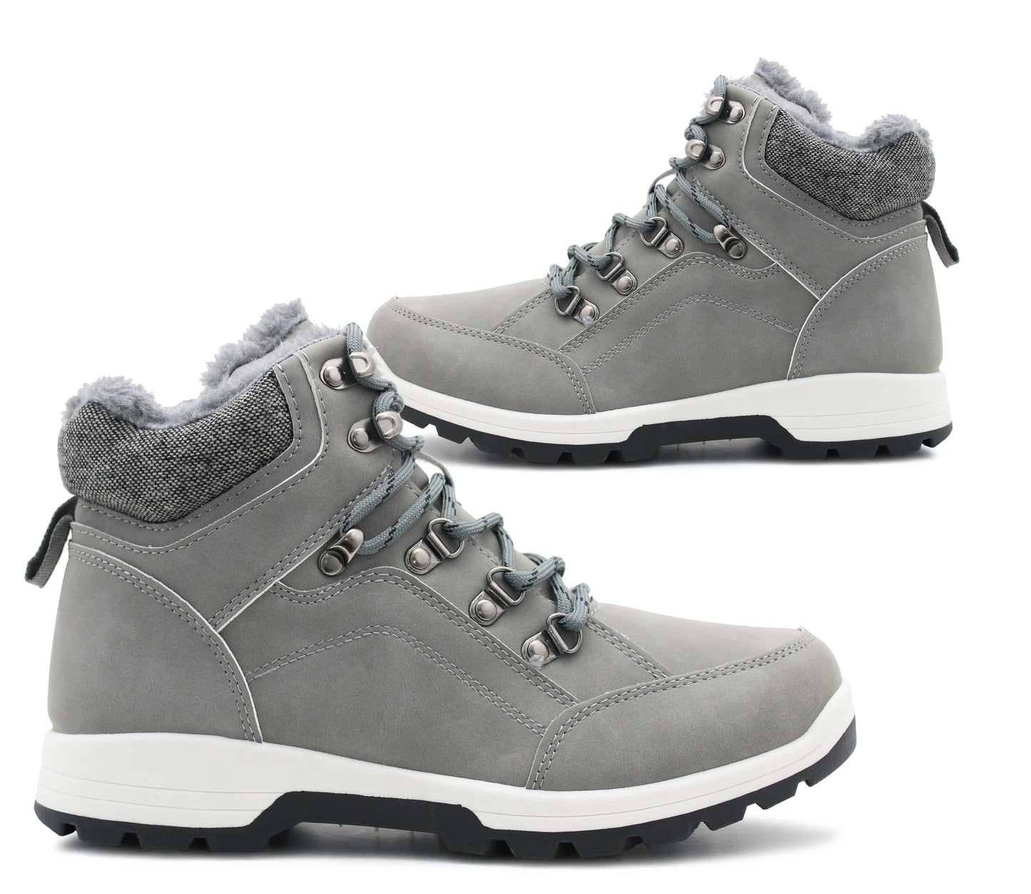 Womens Thermal Hiking Boots Grey Warm Faux Fur Lined Insulated Lace Up Trekking Ankle Snow Boots