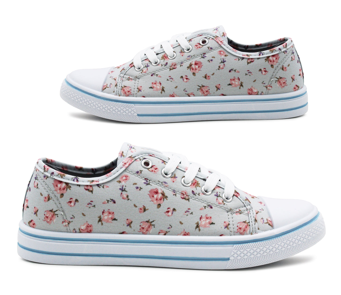 Womens Ladies Canvas Lace Up Denim Floral Baseball Sneakers Casual Flat Plimsoll Trainers Fashion Pumps Grey Floral