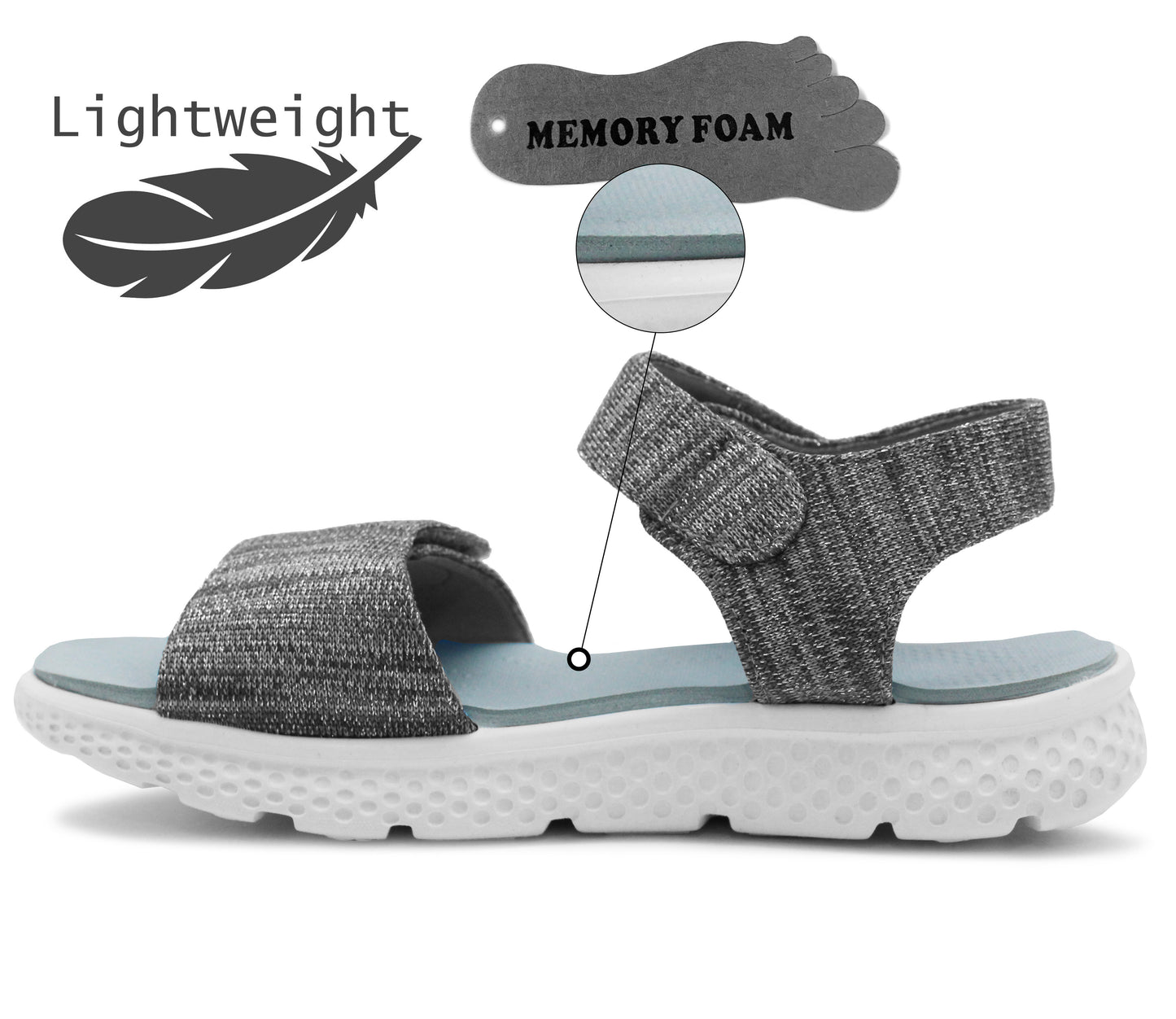 TONI Womens Memory Foam Lightweight Sport Sandals in Grey