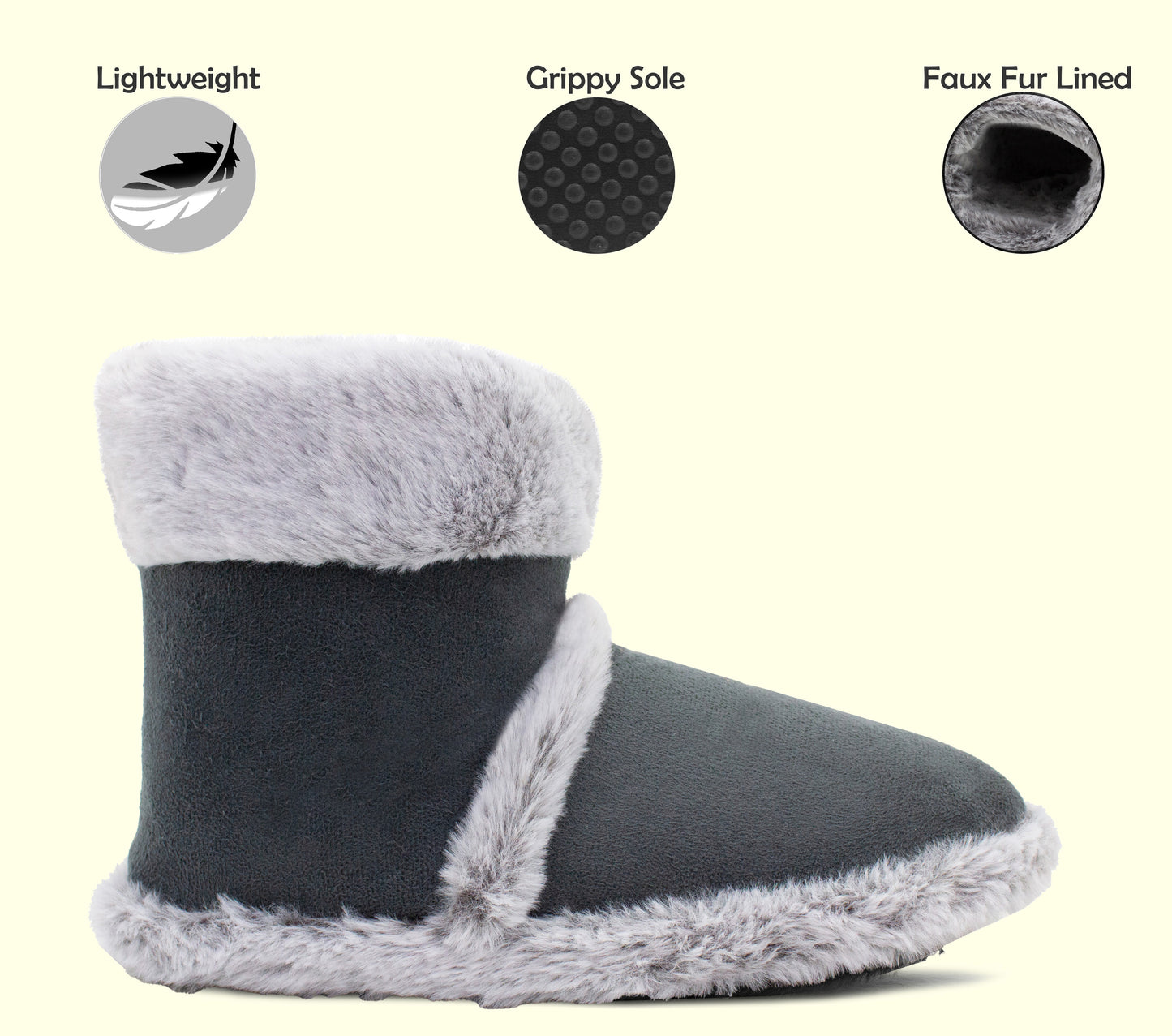 Womens Faux Fur Slipper Boots Warm Lined Ladies Plush Slippers Ankle Booties Lightweight Cosy Winter House Shoes Non-slip Sole Bootees Grey