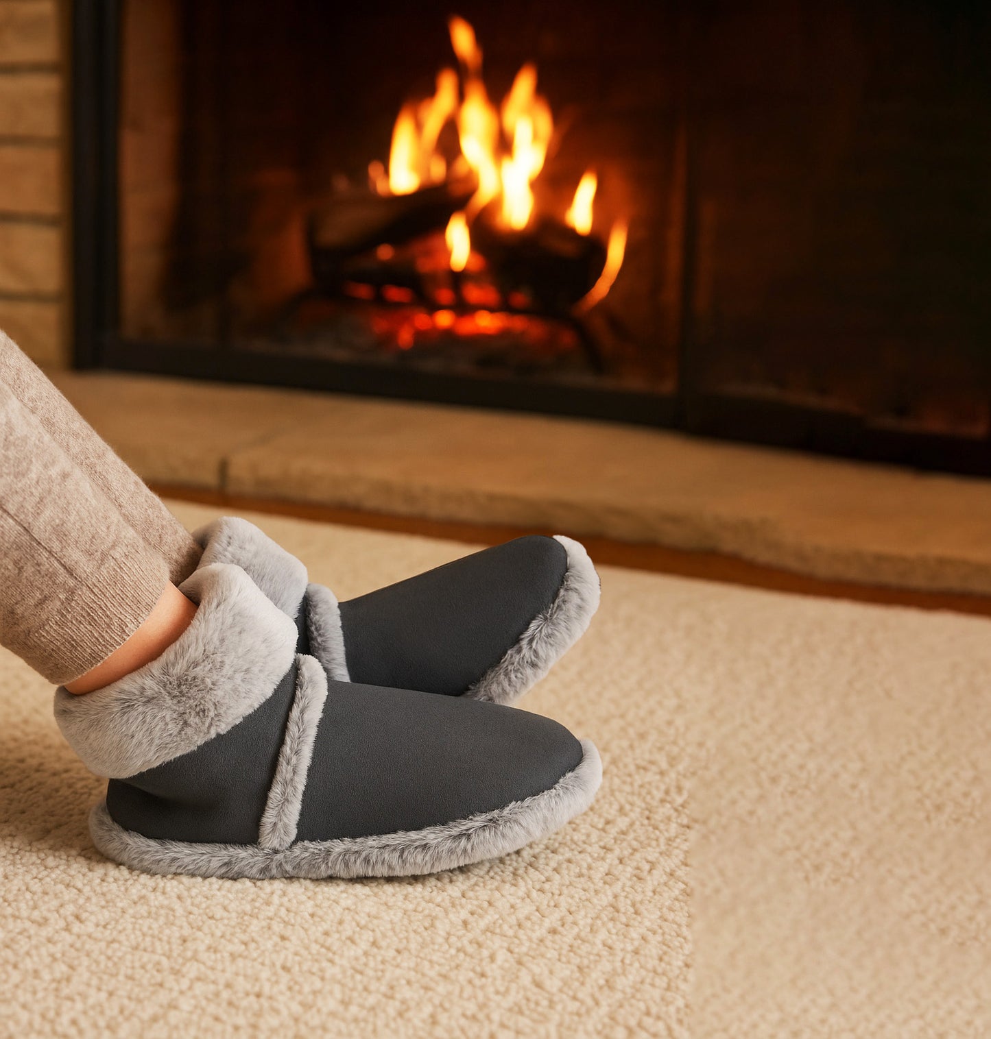 Womens Faux Fur Slipper Boots Warm Lined Ladies Plush Slippers Ankle Booties Lightweight Cosy Winter House Shoes Non-slip Sole Bootees Grey