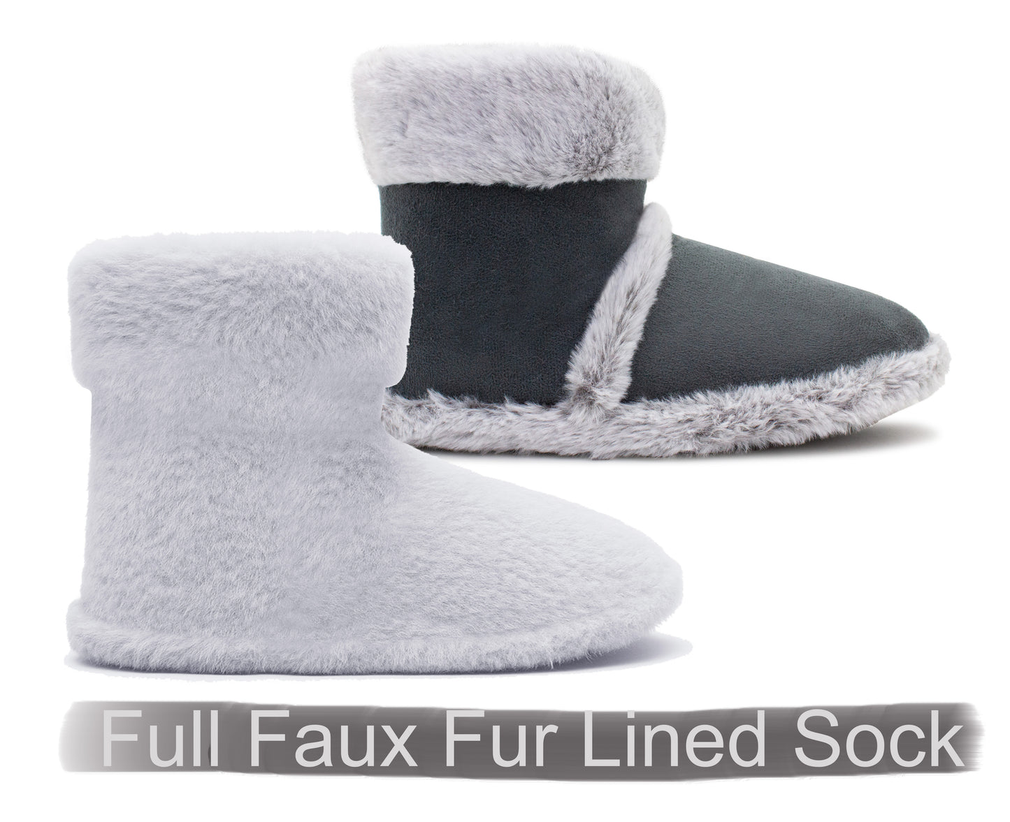 Womens Faux Fur Slipper Boots Warm Lined Ladies Plush Slippers Ankle Booties Lightweight Cosy Winter House Shoes Non-slip Sole Bootees Grey