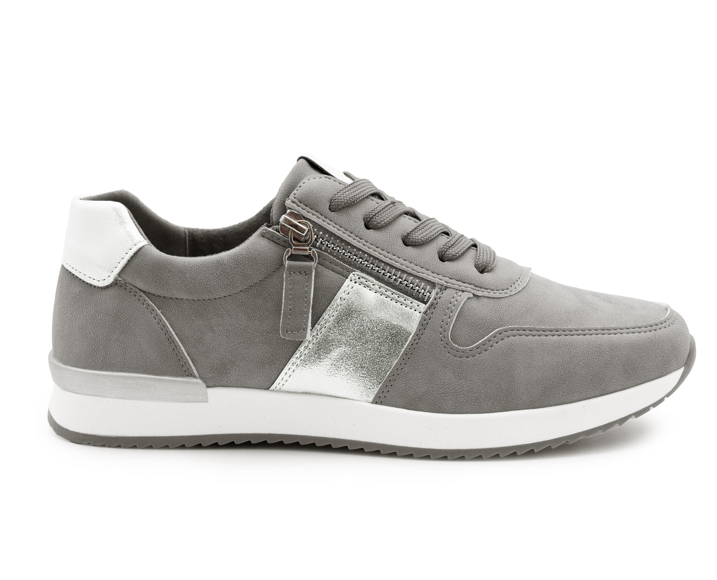 Womens Lace Up Trainers with Side Zip Fastening Ladies Fashion Sneaker Grey Metallic Casual Sports Shoes
