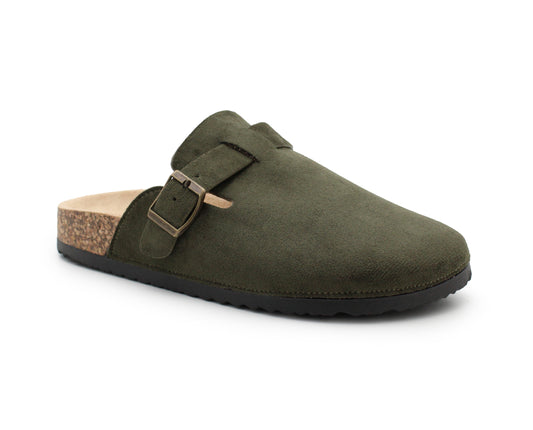 Womens Faux Suede Clogs Slip On Adjustable Buckle Cork Footbed Arch Support Ladies Backless Mules Flat Casual Slippers Khaki