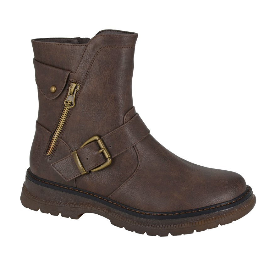 Womens Zip Up Biker Boots Ankle Mid Calf Chelsea Buckle Brown Boot