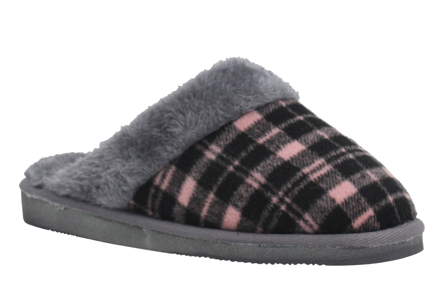 Womens Ladies Slip On Faux Fur Lined Tartan Check Warm Winter Hard Sole Mules Slippers SIZE UK 8