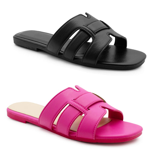 Womens Flat Slip On Sandals Open Toe Multi Strap Slides Backless Casual Summer Holiday Beach Slipper Flats Shoes