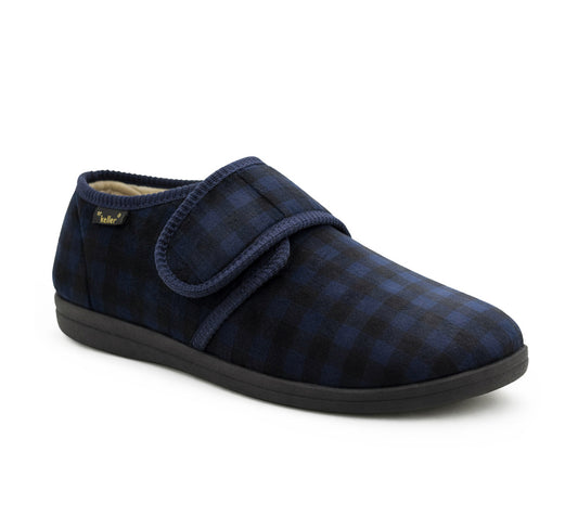 Mens Slippers Check Faux Fur Lined Thermal Wide Open Touch Fasten Straps House Shoes Navy