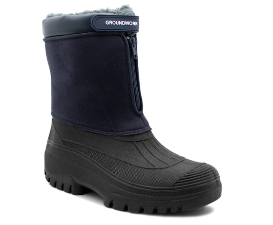 Mens Snow Boots Navy Mid Calf Water Resistant Snow Rain Thermal Fur Fleece Lined Winter Mud Mucker Farm Yard Boots