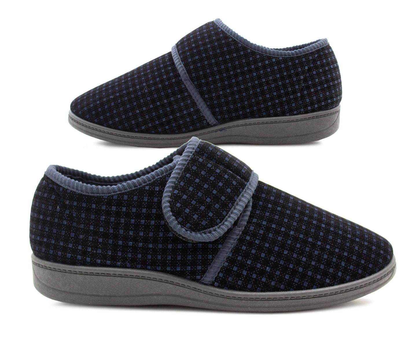 Mens Wide Fit Touch Fasten Slippers Navy Check Memory Foam Insole Comfort Diabetic Wide Opening Orthopaedic Casual Checked Bedroom House Shoes