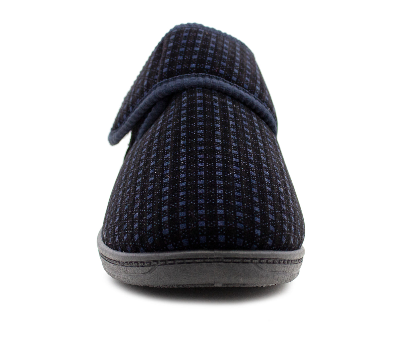 Mens Wide Fit Touch Fasten Slippers Navy Check Memory Foam Insole Comfort Diabetic Wide Opening Orthopaedic Casual Checked Bedroom House Shoes