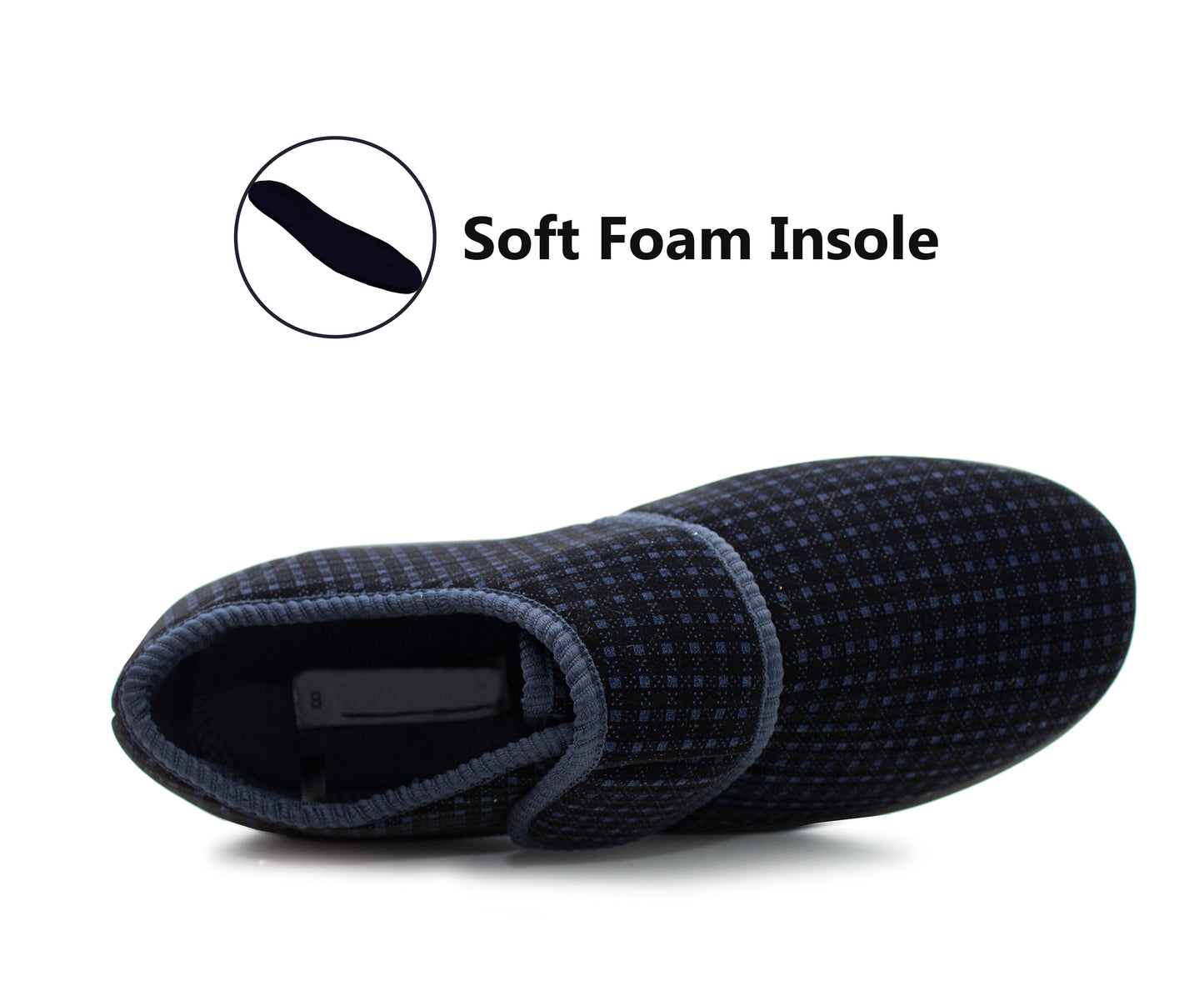 Mens Wide Fit Touch Fasten Slippers Navy Check Memory Foam Insole Comfort Diabetic Wide Opening Orthopaedic Casual Checked Bedroom House Shoes