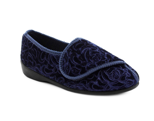 Womens Wide Opening Slippers Navy Velour Touch Fasten Diabetic Orthopaedic Slip On House Shoes Flat Comfort Bedroom Shoes