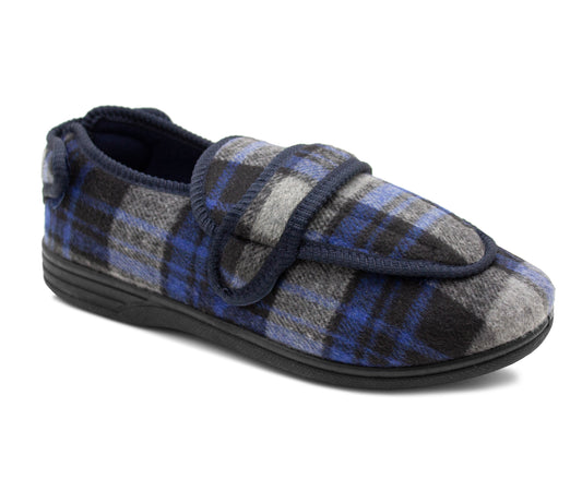 Mens Wide Opening Touch Fasten Diabetic Slippers Orthopaedic Felt Check Slip On House Shoes