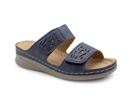 Womens Backless Sandals Touch Fasten Low Wedge Heel Open Toe Metallic Summer Ladies Fashion Sandal Beach Slides Shoes Navy