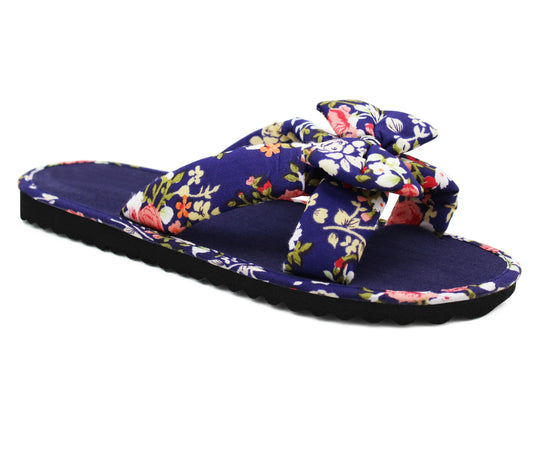 Womens Floral Mule Sandals Slip On Summer Beach Flip Flops Ladies Flat Bow Sliders Spa Pool Slides Navy Floral