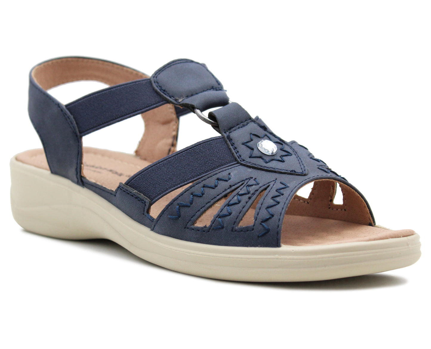 Womens Slip On Elasticated Sandals Low Wedge Heel Strap Ladies Casual Fashion Summer Beach Slingbacks in Navy
